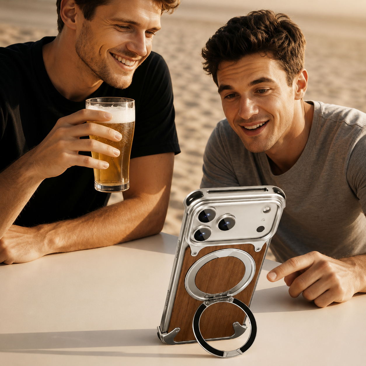 Premium iPhone Case Magnetic Solid Wood Cover, Shockproof Protective Design with 360° Rotating Ring Stand, Aluminum Frame and Secure Non-Slip Grip