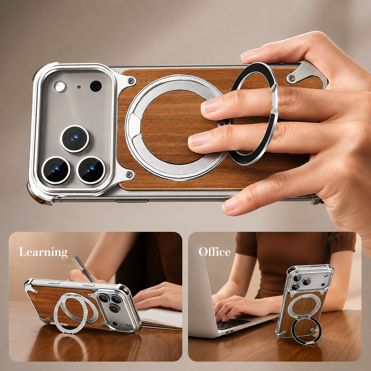 Premium iPhone Case Magnetic Solid Wood Cover, Shockproof Protective Design with 360° Rotating Ring Stand, Aluminum Frame and Secure Non-Slip Grip