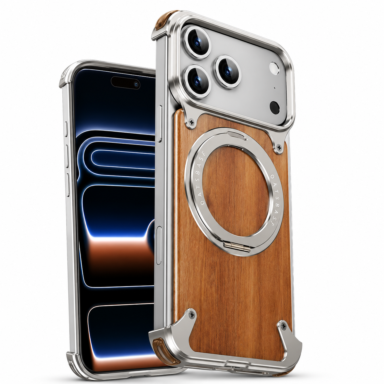 Premium iPhone Case Magnetic Solid Wood Cover, Shockproof Protective Design with 360° Rotating Ring Stand, Aluminum Frame and Secure Non-Slip Grip
