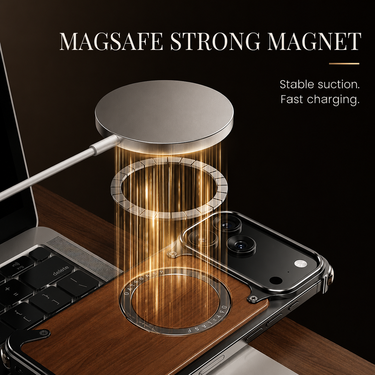 Premium iPhone Case Magnetic Solid Wood Cover, Shockproof Protective Design with 360° Rotating Ring Stand, Aluminum Frame and Secure Non-Slip Grip