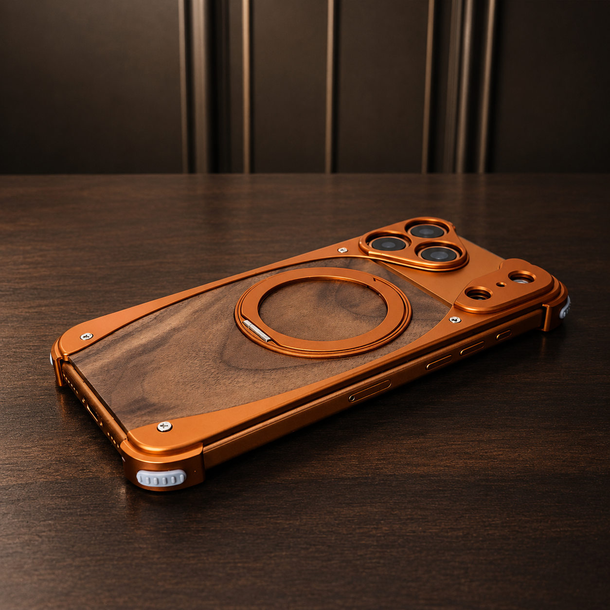 Premium iPhone Case Magnetic Walnut Wood Cover Aluminum Frame Shockproof Protection Built In Stand Non Slip Grip Luxury Design Slim Durable Case