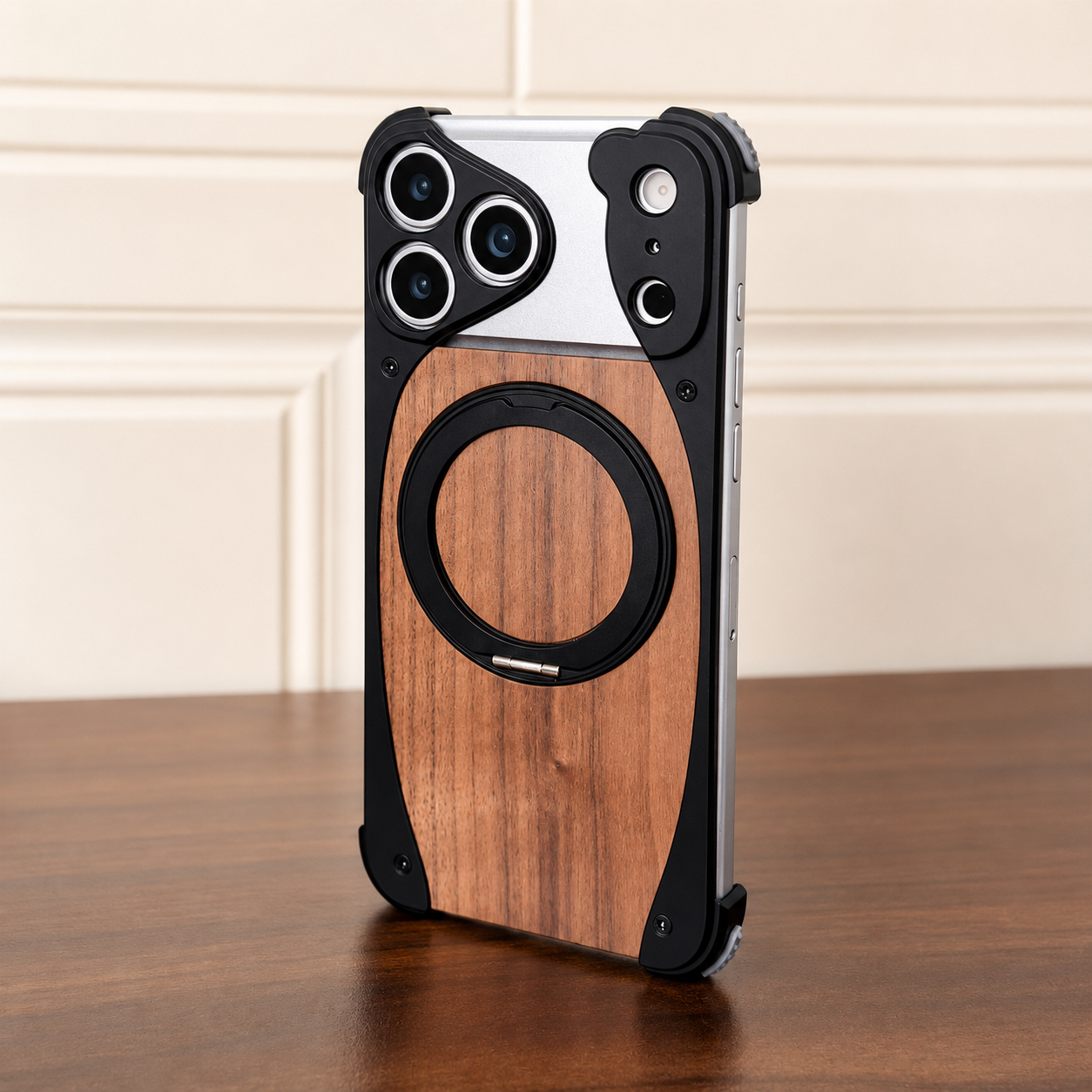 Premium iPhone Case Magnetic Walnut Wood Cover Aluminum Frame Shockproof Protection Built In Stand Non Slip Grip Luxury Design Slim Durable Case
