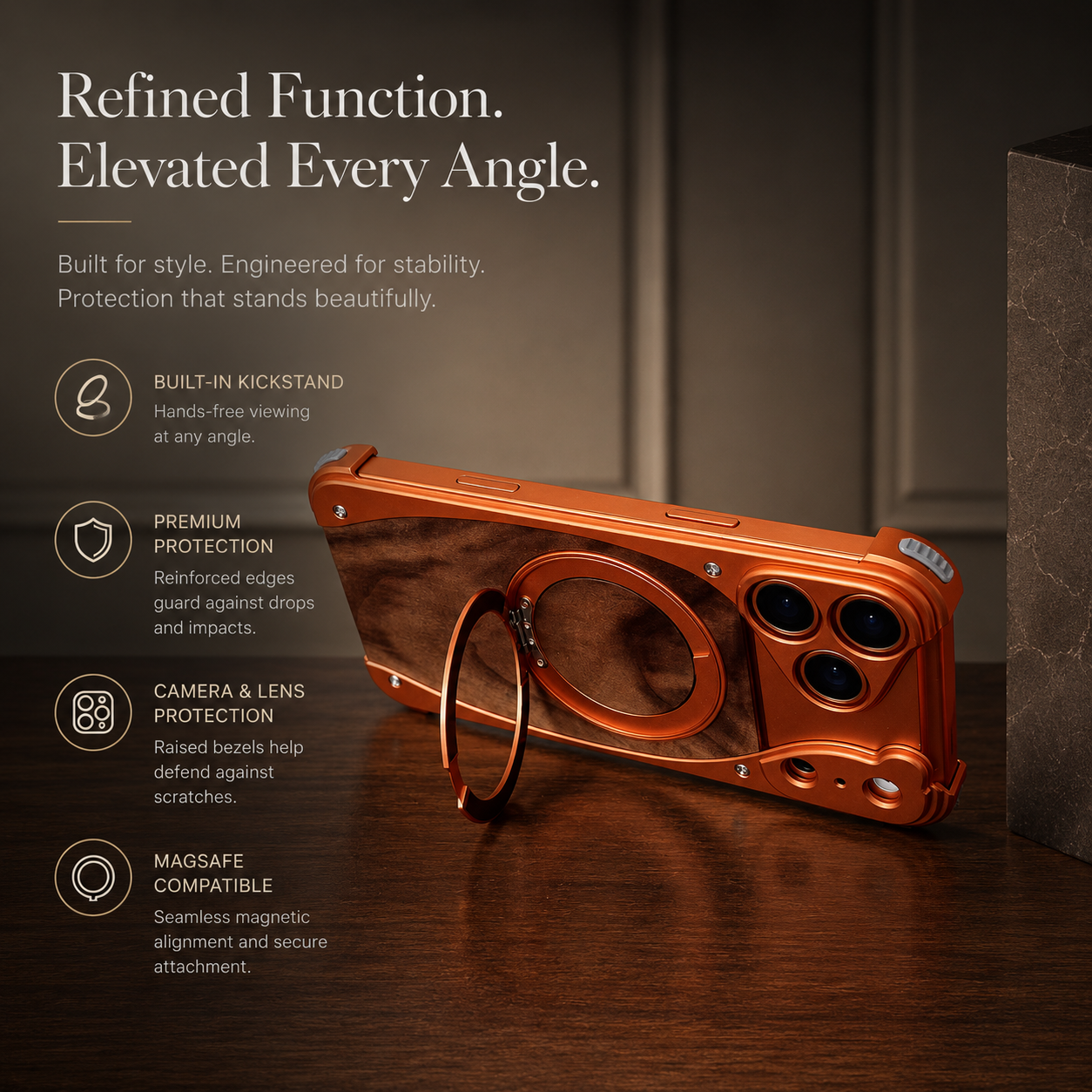 Premium iPhone Case Magnetic Walnut Wood Cover Aluminum Frame Shockproof Protection Built In Stand Non Slip Grip Luxury Design Slim Durable Case