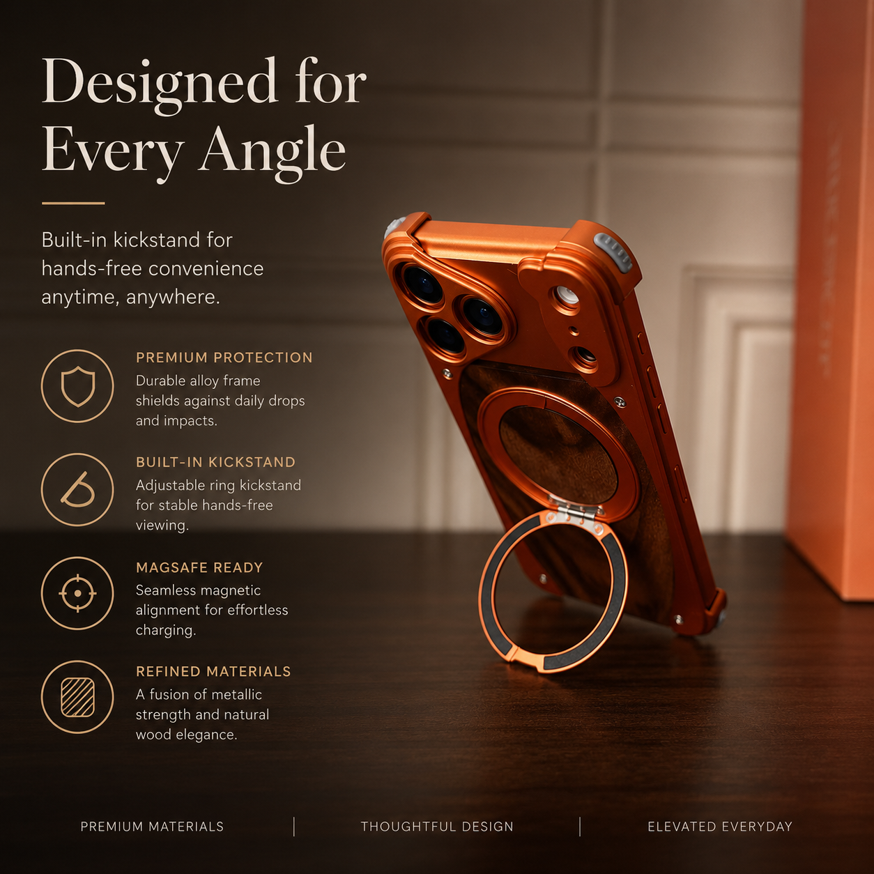Premium iPhone Case Magnetic Walnut Wood Cover Aluminum Frame Shockproof Protection Built In Stand Non Slip Grip Luxury Design Slim Durable Case