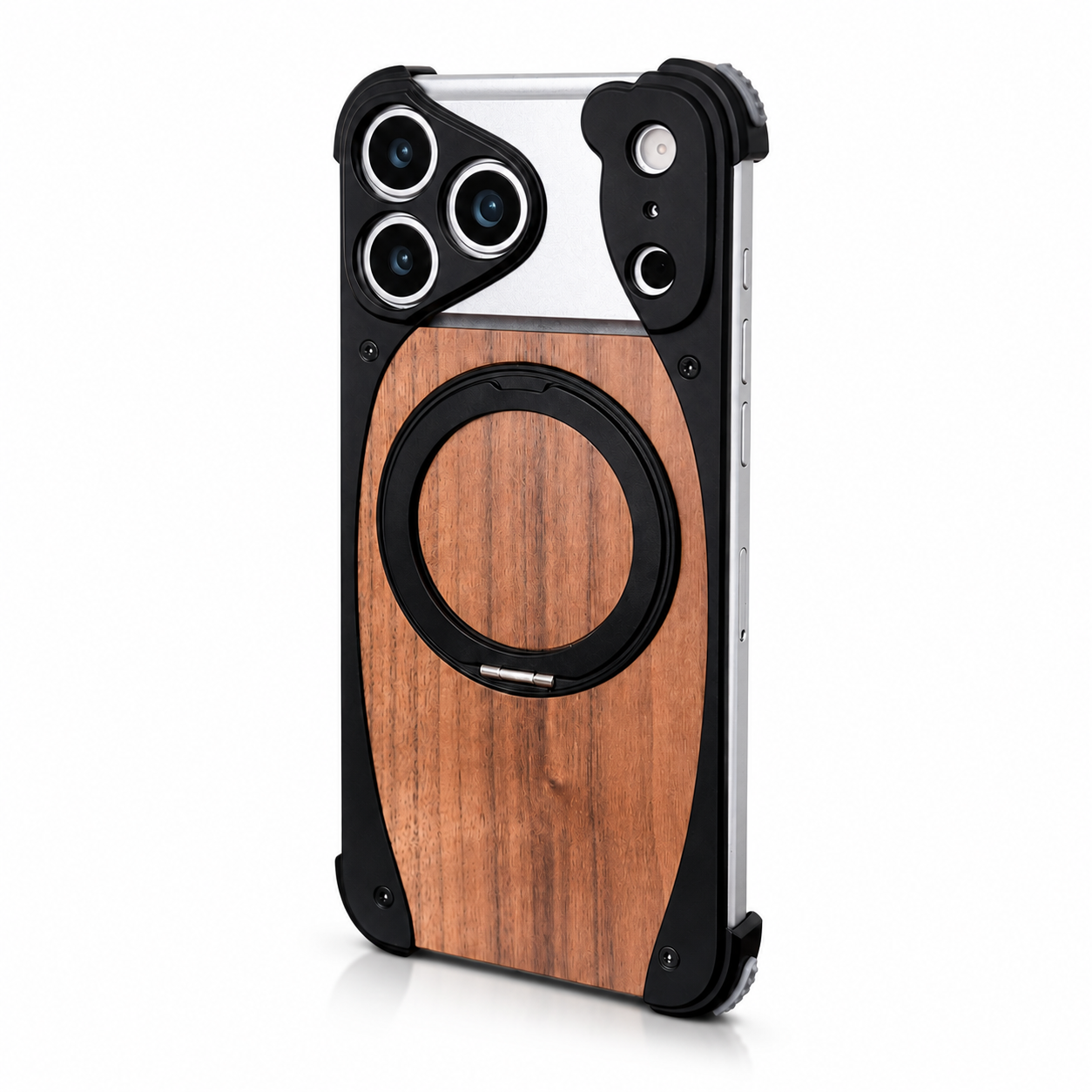 Premium iPhone Case Magnetic Walnut Wood Cover Aluminum Frame Shockproof Protection Built In Stand Non Slip Grip Luxury Design Slim Durable Case