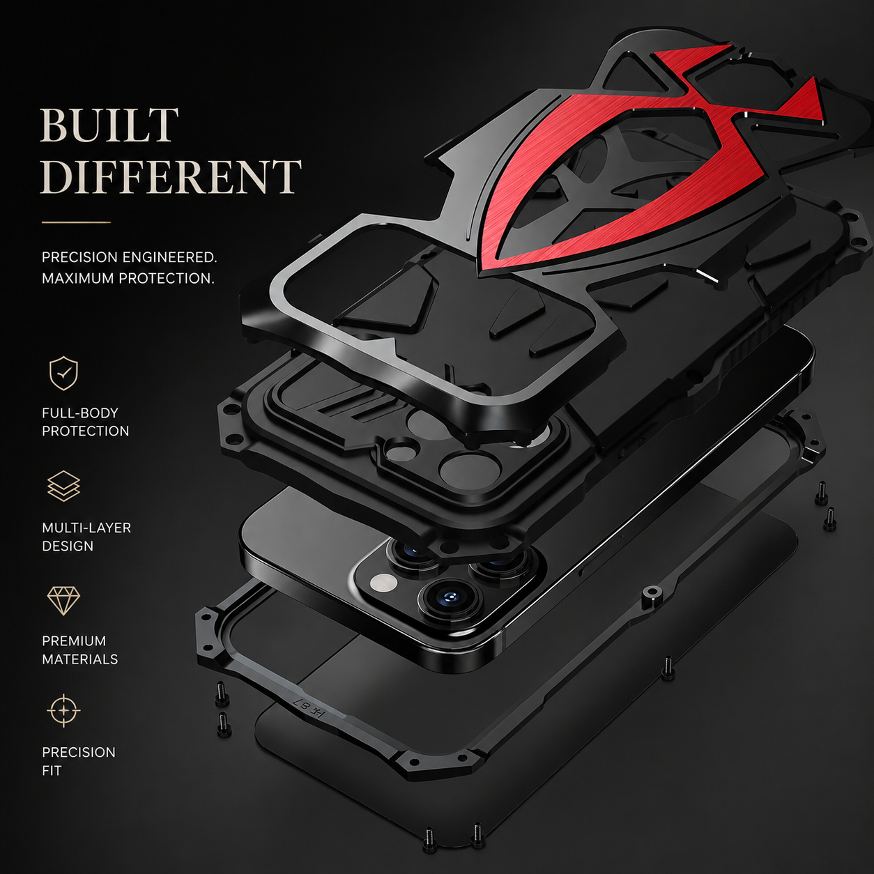 Premium iPhone Case Metal Armor Cover with Shockproof Protection, Camera Lens Protection, Secure Grip, Scratch Resistant Design and Durable Construction