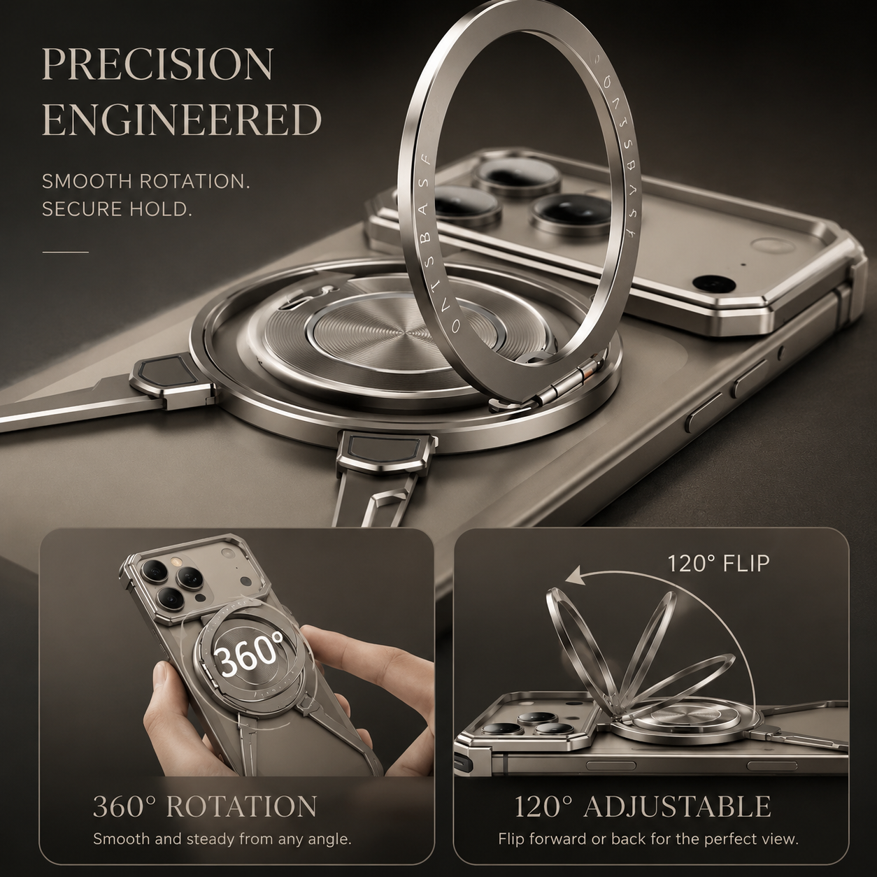 Premium iPhone Case Metal Frameless Bumper Cover with 360 Degree Rotating Ring Stand, Shockproof Design, Secure Grip and Camera Lens Protection Plus