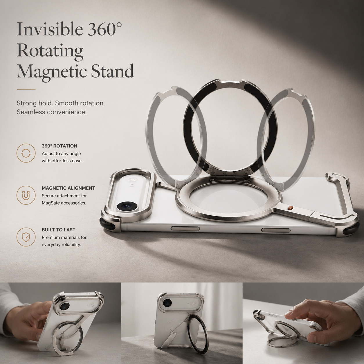 Premium iPhone Case Metal Magnetic Frameless Aluminum Cover, Shockproof Protective Design with 360° Rotating Ring Stand and Camera Protection