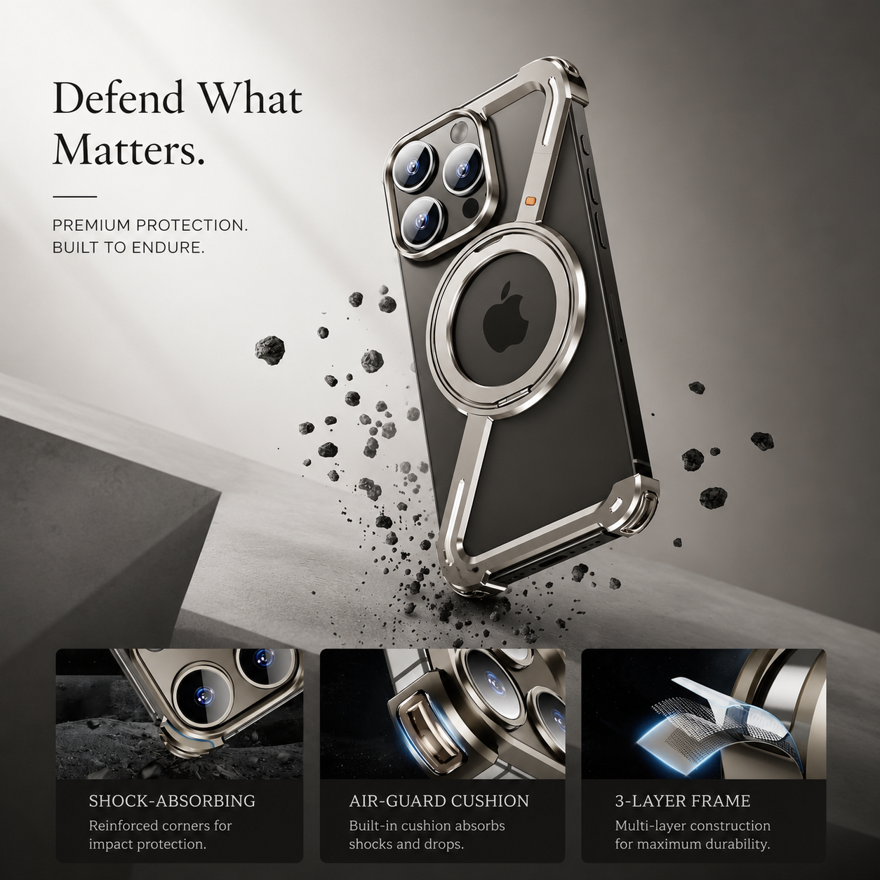 Premium iPhone Case Metal Magnetic Frameless Aluminum Cover, Shockproof Protective Design with 360° Rotating Ring Stand and Camera Protection