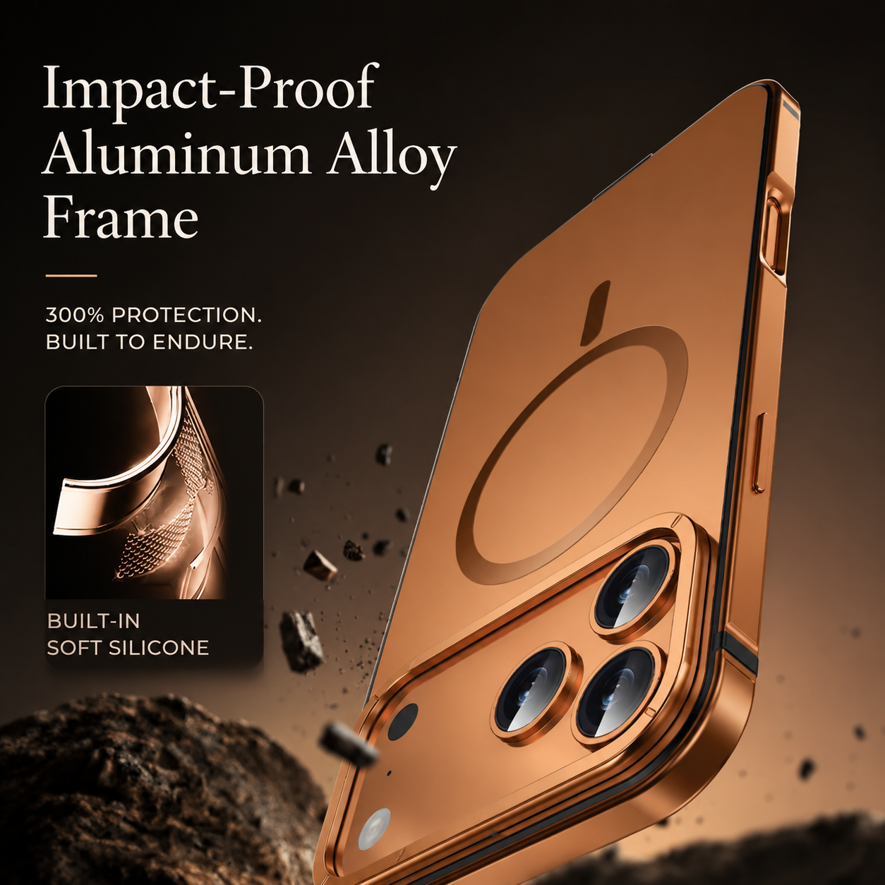 Premium iPhone Case — Orange Aluminum Alloy MagSafe Compatible Hard Shockproof Matte Cover with Magnetic Glass Protection, Anti-Scratch, Lightweight Design