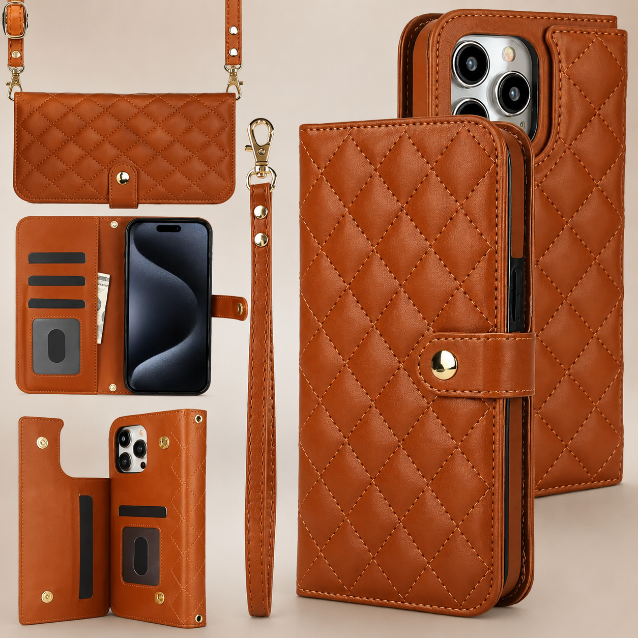 Premium iPhone Case RFID Blocking Wallet Crossbody Flip Cover PU Leather Card Holder Magnetic Closure Adjustable Strap Shockproof Full Coverage