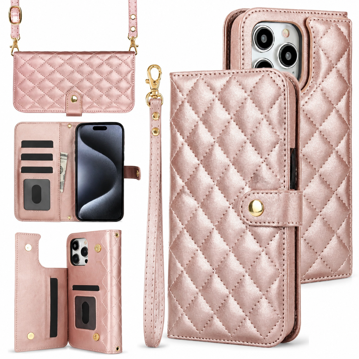 Premium iPhone Case RFID Blocking Wallet Crossbody Flip Cover PU Leather Card Holder Magnetic Closure Adjustable Strap Shockproof Full Coverage