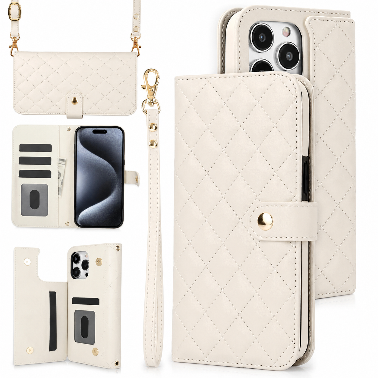 Premium iPhone Case RFID Blocking Wallet Crossbody Flip Cover PU Leather Card Holder Magnetic Closure Adjustable Strap Shockproof Full Coverage