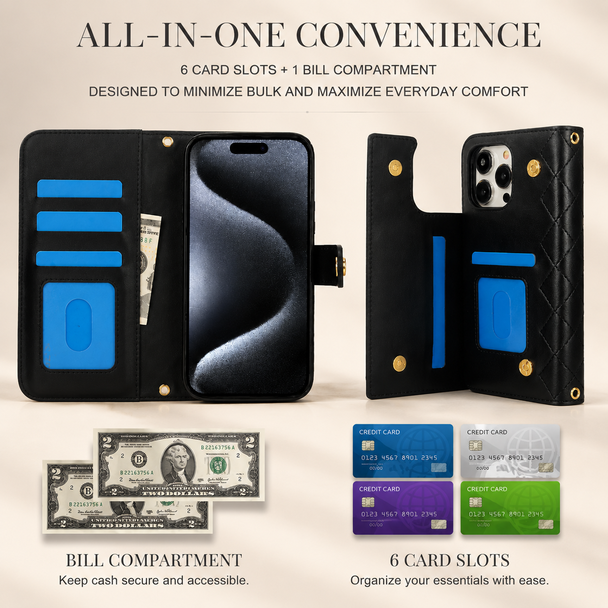 Premium iPhone Case RFID Blocking Wallet Crossbody Flip Cover PU Leather Card Holder Magnetic Closure Adjustable Strap Shockproof Full Coverage
