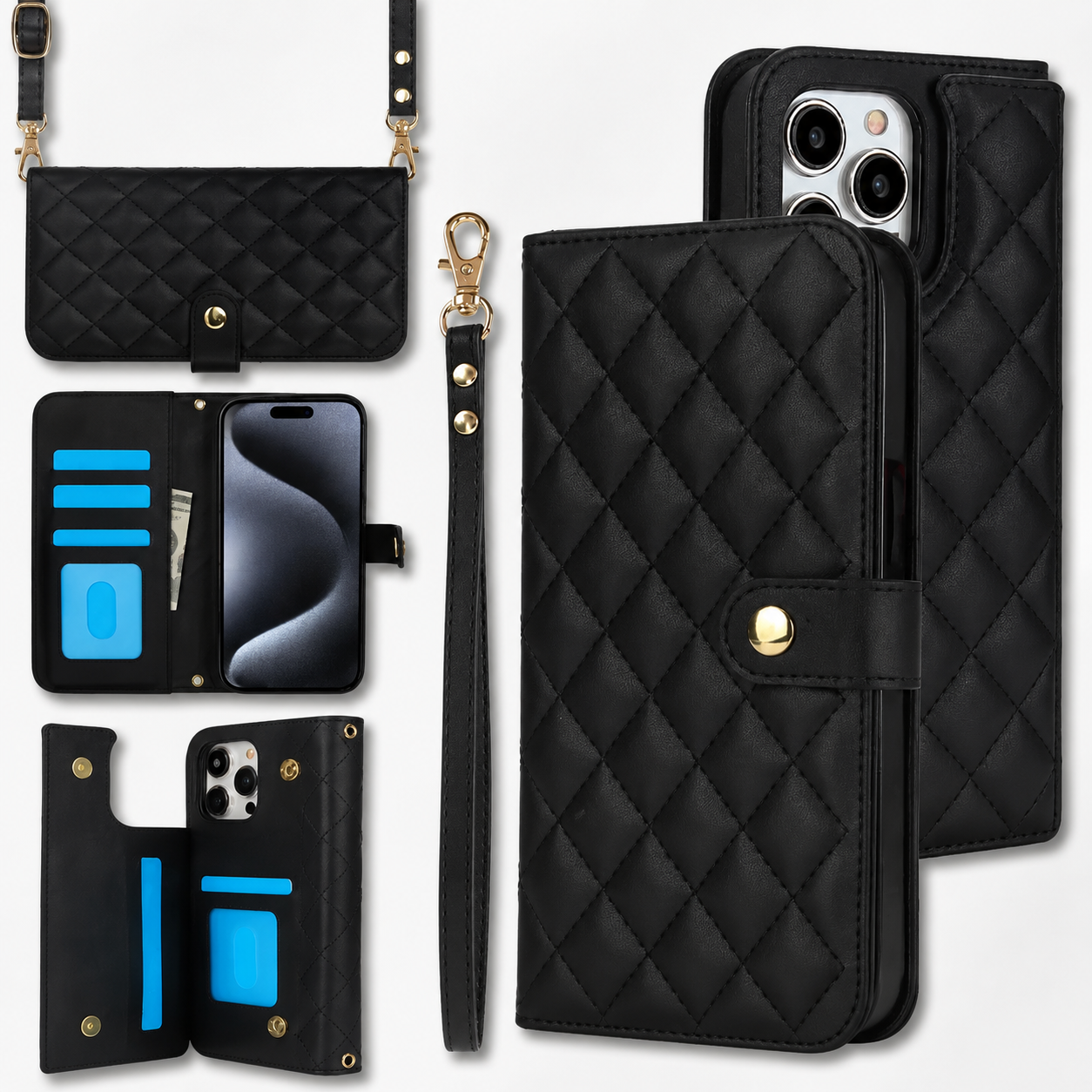 Premium iPhone Case RFID Blocking Wallet Crossbody Flip Cover PU Leather Card Holder Magnetic Closure Adjustable Strap Shockproof Full Coverage