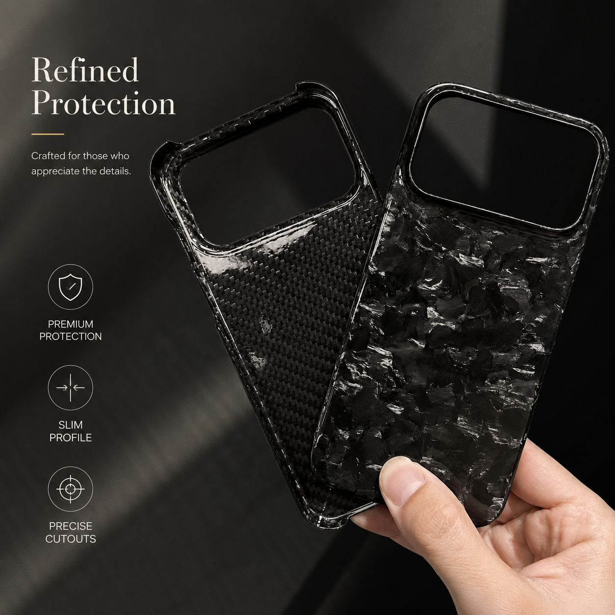 Premium iPhone Case Real Forged Carbon Fiber Finish Camera Lens Protection Anti Fingerprint Texture Lightweight Non Slip Shock Resistant Design