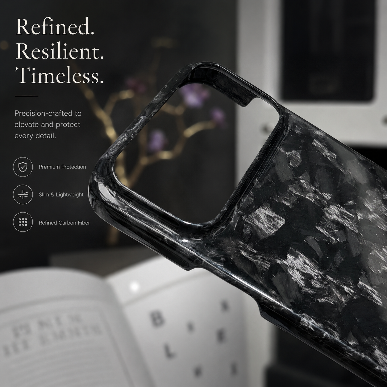 Premium iPhone Case Real Forged Carbon Fiber Finish Camera Lens Protection Anti Fingerprint Texture Lightweight Non Slip Shock Resistant Design