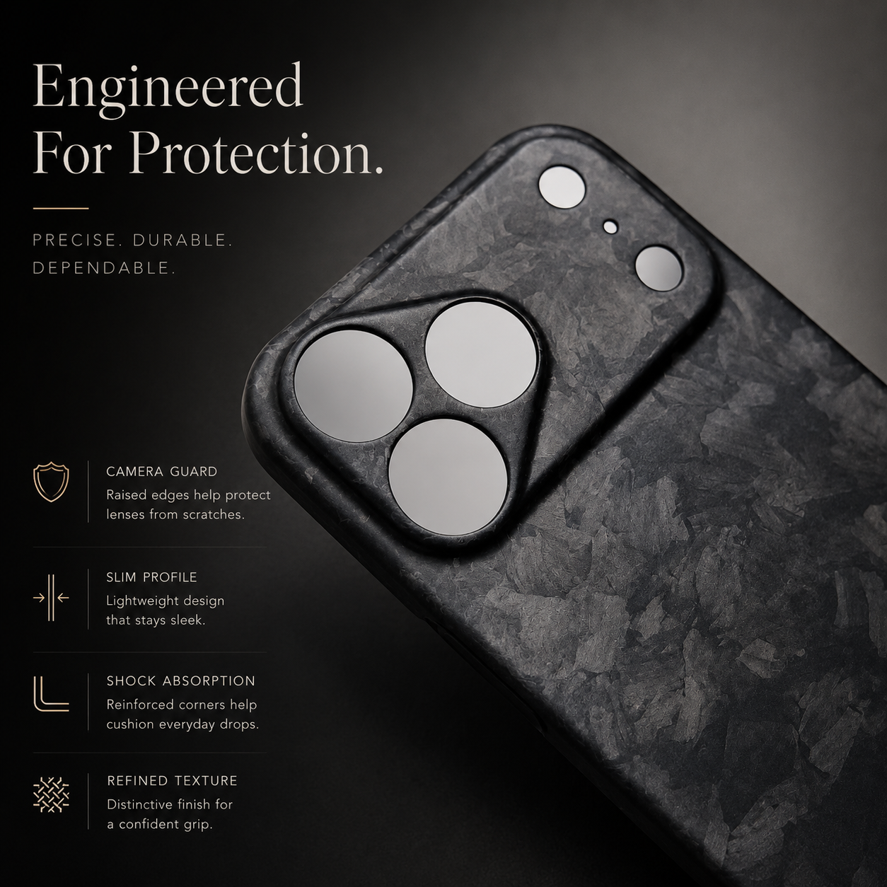 Premium iPhone Case Real Forged Carbon Fiber Finish Camera Lens Protection Anti Fingerprint Texture Lightweight Non Slip Shock Resistant Design