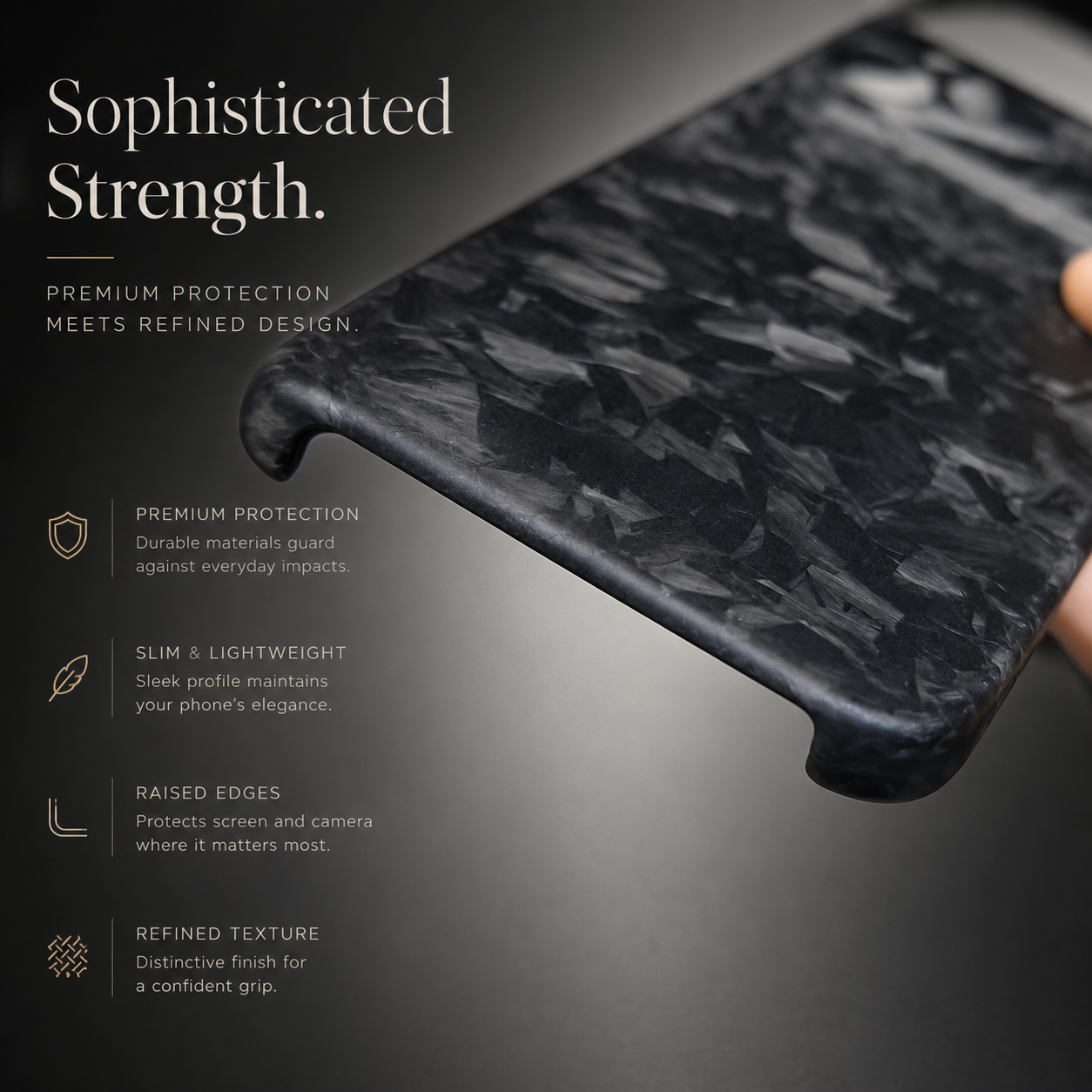 Premium iPhone Case Real Forged Carbon Fiber Finish Camera Lens Protection Anti Fingerprint Texture Lightweight Non Slip Shock Resistant Design