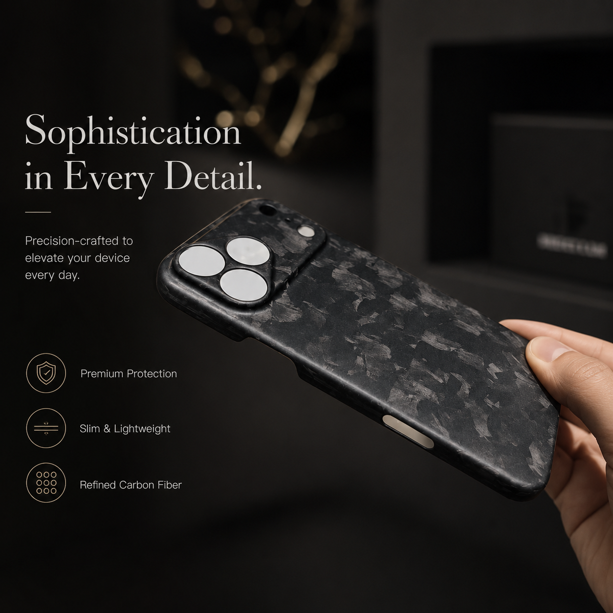 Premium iPhone Case Real Forged Carbon Fiber Finish Camera Lens Protection Anti Fingerprint Texture Lightweight Non Slip Shock Resistant Design