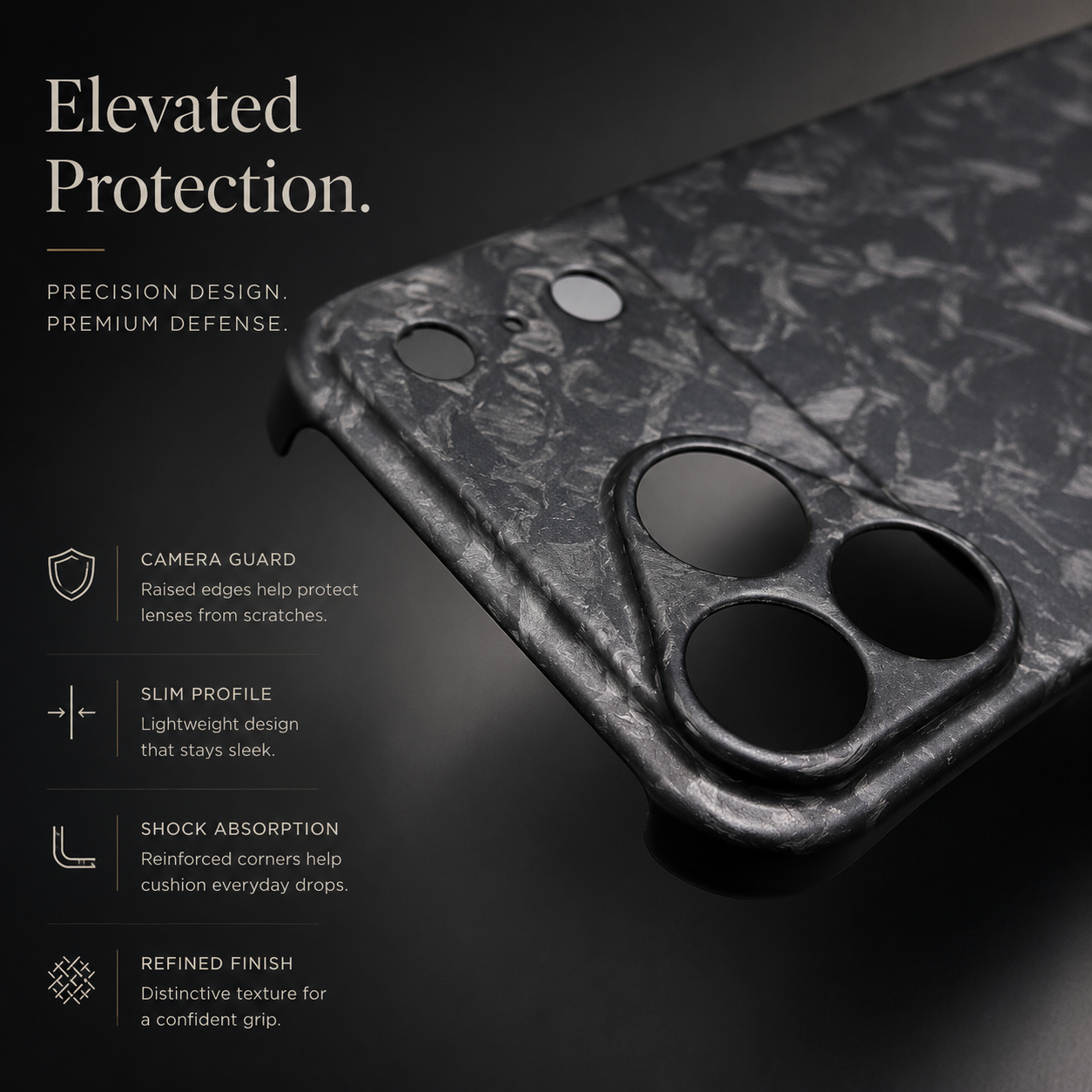 Premium iPhone Case Real Forged Carbon Fiber Finish Camera Lens Protection Anti Fingerprint Texture Lightweight Non Slip Shock Resistant Design