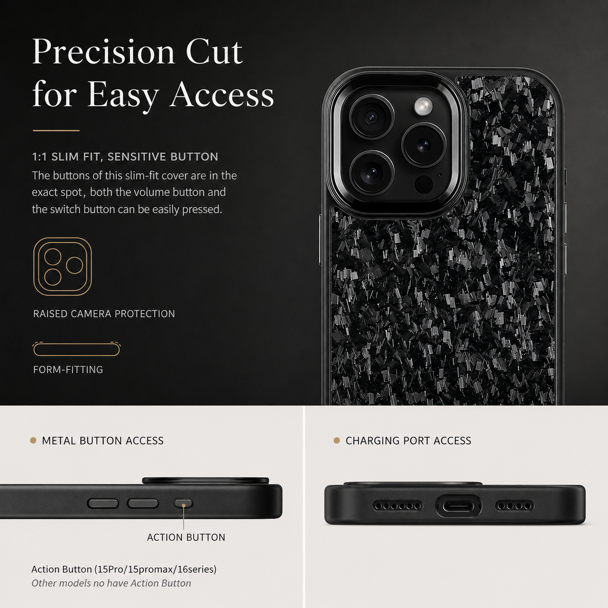 Premium iPhone Case Real Forged Carbon Fiber MagSafe Cover Shockproof Dual-Layer Full-Coverage Design Metal Lens Button Accents Non-Slip Lightweight