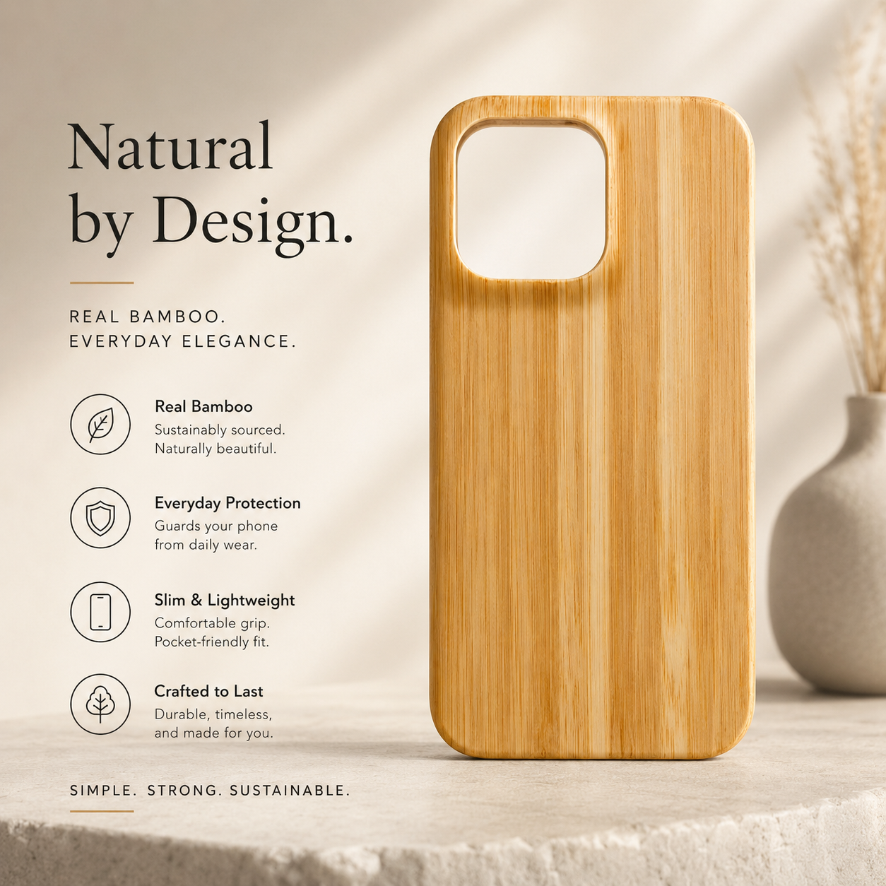 Premium iPhone Case Real Wood Back Cover Walnut Cherry Rosewood Bamboo Finish Camera Lens Protection Dustproof Secure Grip Anti Scratch Slim Design