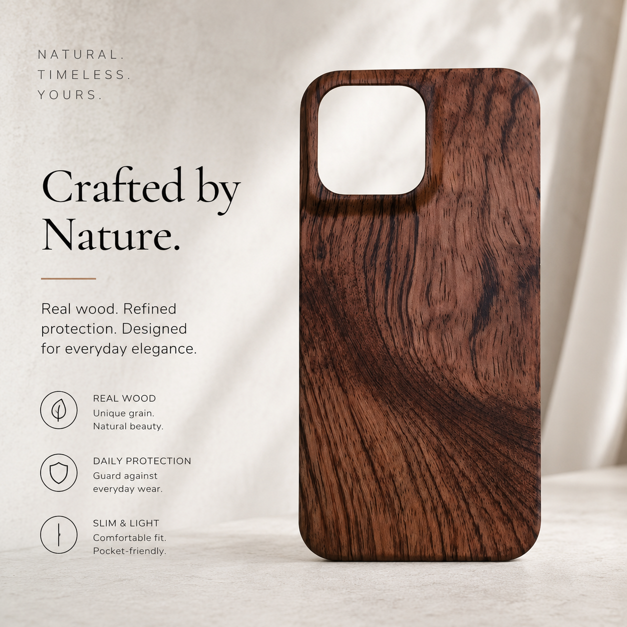 Premium iPhone Case Real Wood Back Cover Walnut Cherry Rosewood Bamboo Finish Camera Lens Protection Dustproof Secure Grip Anti Scratch Slim Design