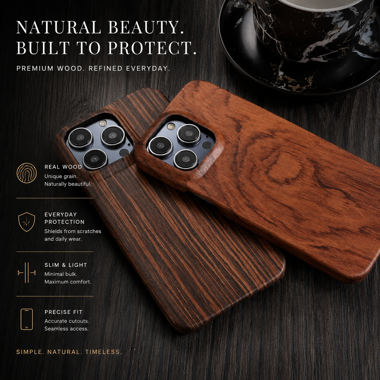 Premium iPhone Case Real Wood Back Cover Walnut Ebony Bamboo Rosewood Finish Camera Lens Protection Dustproof Secure Grip Anti Scratch Slim Protective Design