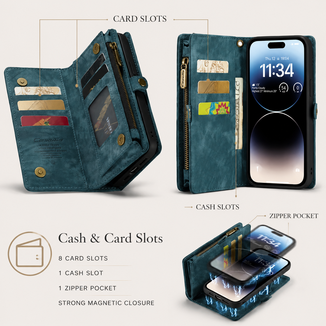 Premium iPhone Case Removable Magnetic Wallet Cover Card Holder Shockproof Leather Case Zipper Closure Lanyard Strap Stand Holder Anti Fingerprint Design