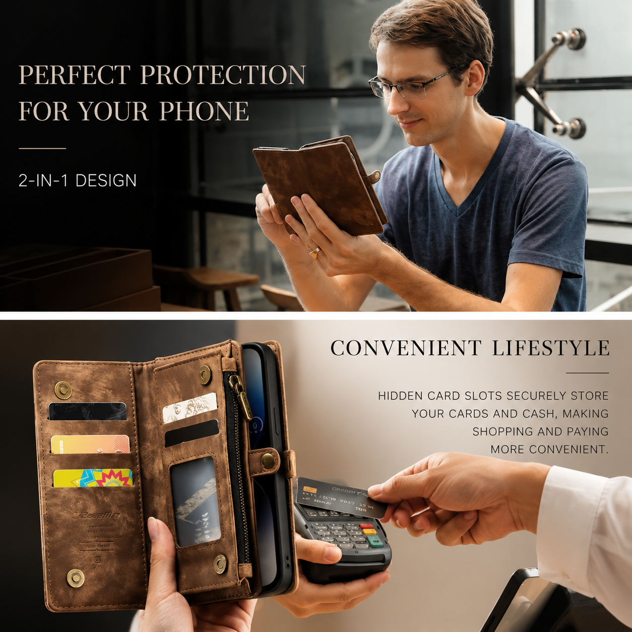 Premium iPhone Case Removable Magnetic Wallet Cover Card Holder Shockproof Leather Case Zipper Closure Lanyard Strap Stand Holder Anti Fingerprint Design