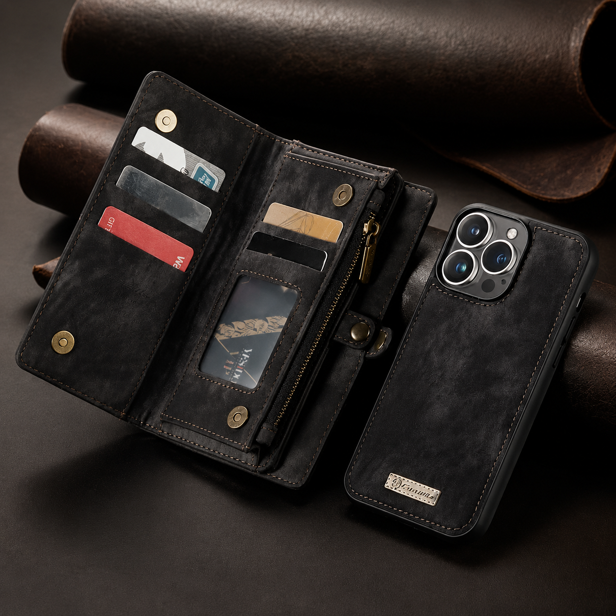 Premium iPhone Case Removable Magnetic Wallet Cover Card Holder Shockproof Leather Case Zipper Closure Lanyard Strap Stand Holder Anti Fingerprint Design