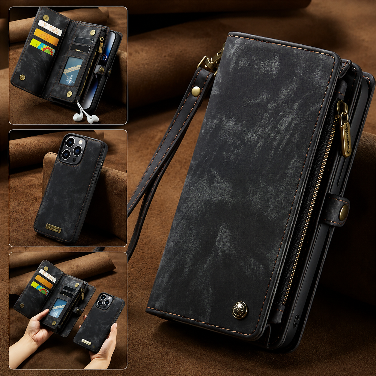 Premium iPhone Case Removable Magnetic Wallet Cover Card Holder Shockproof Leather Case Zipper Closure Lanyard Strap Stand Holder Anti Fingerprint Design