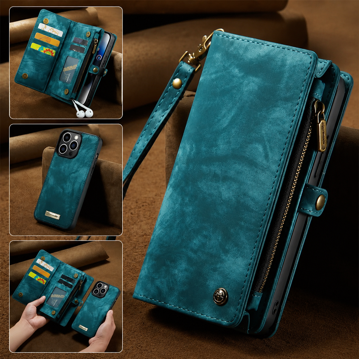Premium iPhone Case Removable Magnetic Wallet Cover Card Holder Shockproof Leather Case Zipper Closure Lanyard Strap Stand Holder Anti Fingerprint Design