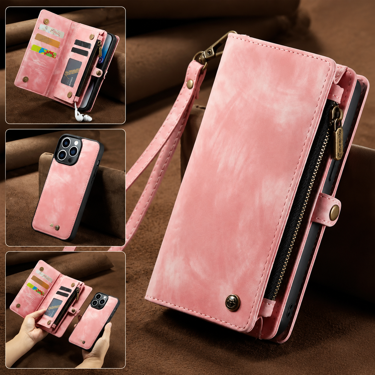 Premium iPhone Case Removable Magnetic Wallet Cover Card Holder Shockproof Leather Case Zipper Closure Lanyard Strap Stand Holder Anti Fingerprint Design