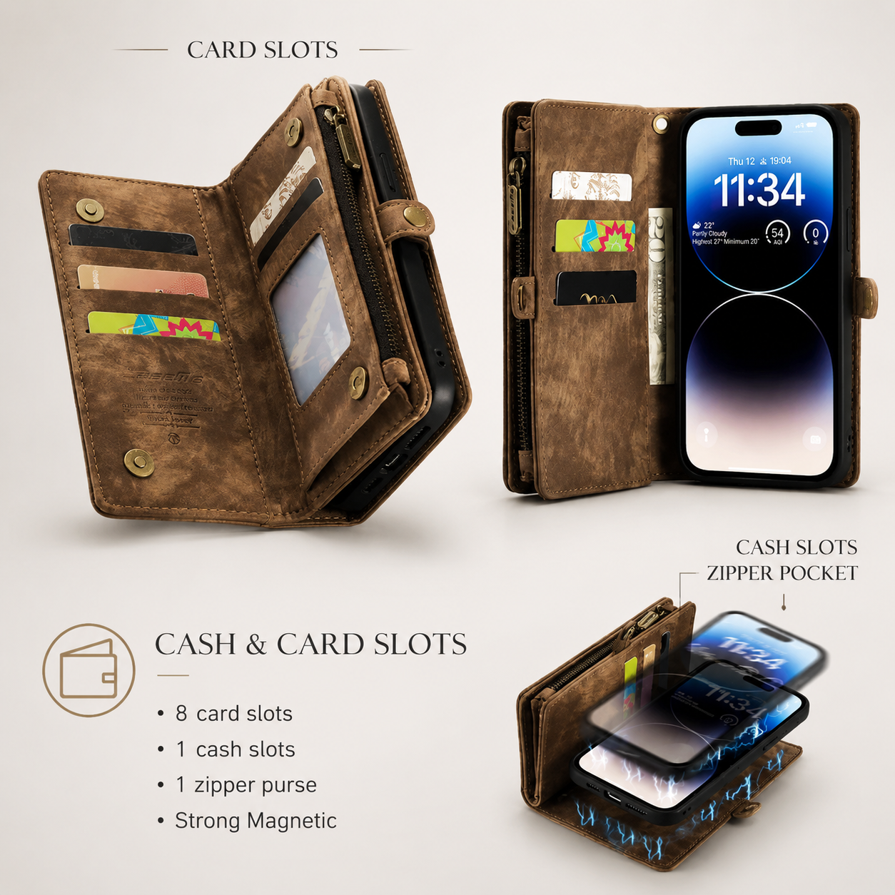 Premium iPhone Case Removable Magnetic Wallet Cover Card Holder Shockproof Leather Case Zipper Closure Lanyard Strap Stand Holder Anti Fingerprint Design