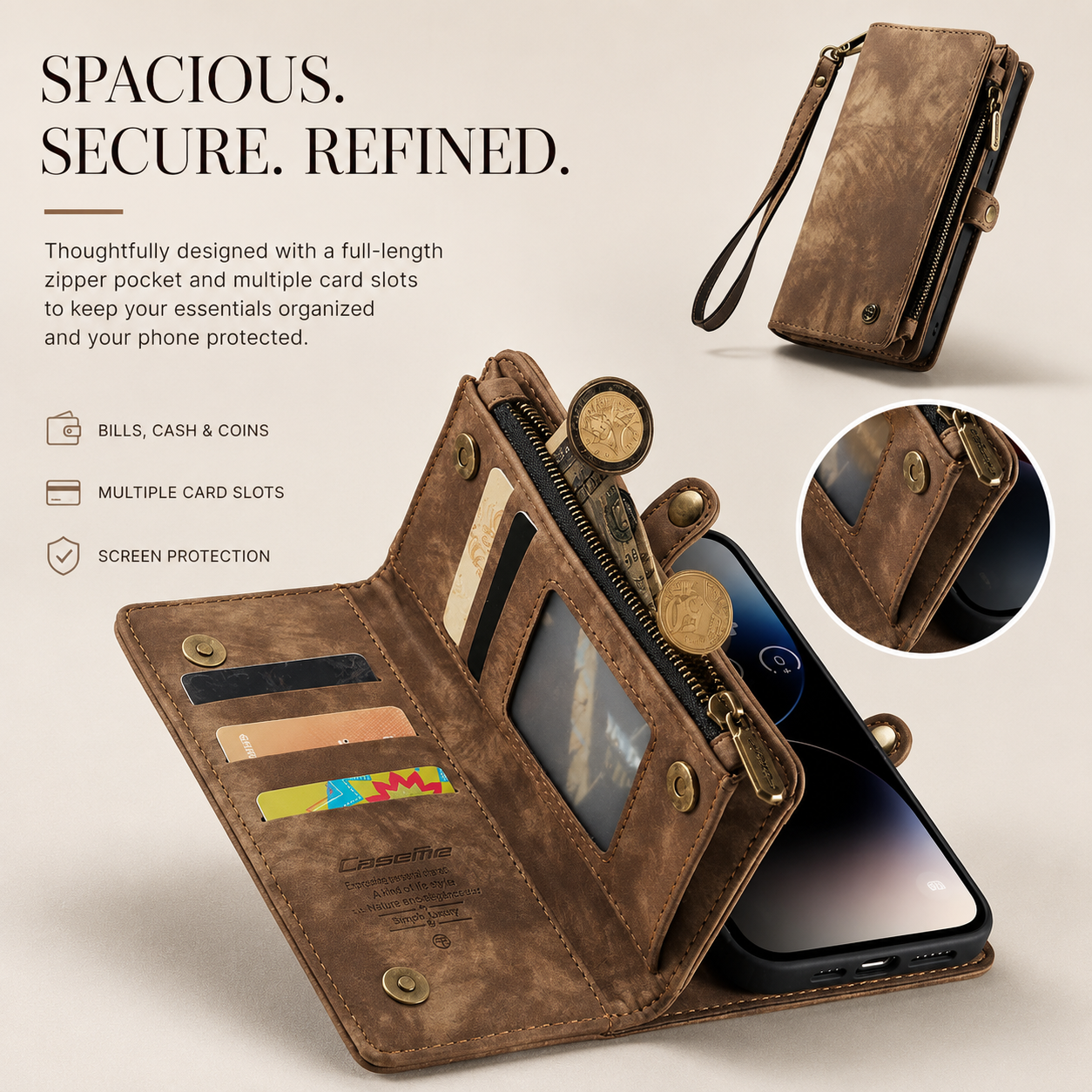 Premium iPhone Case Removable Magnetic Wallet Cover Card Holder Shockproof Leather Case Zipper Closure Lanyard Strap Stand Holder Anti Fingerprint Design