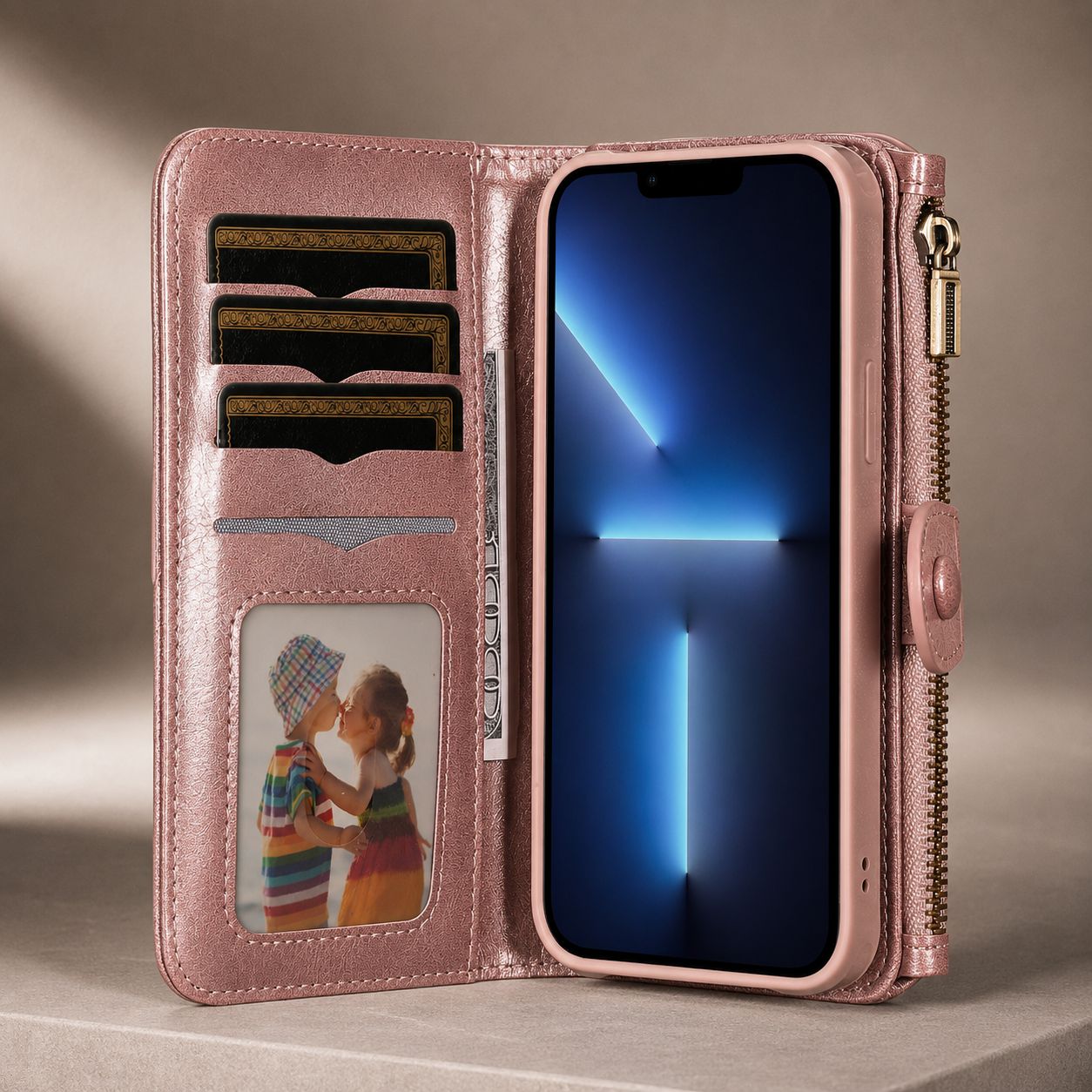 Premium iPhone Case Retro PU Leather Wallet Cover with Card Slots, Zipper Storage, Shockproof Protection, Secure Grip and Convenient Everyday Carry