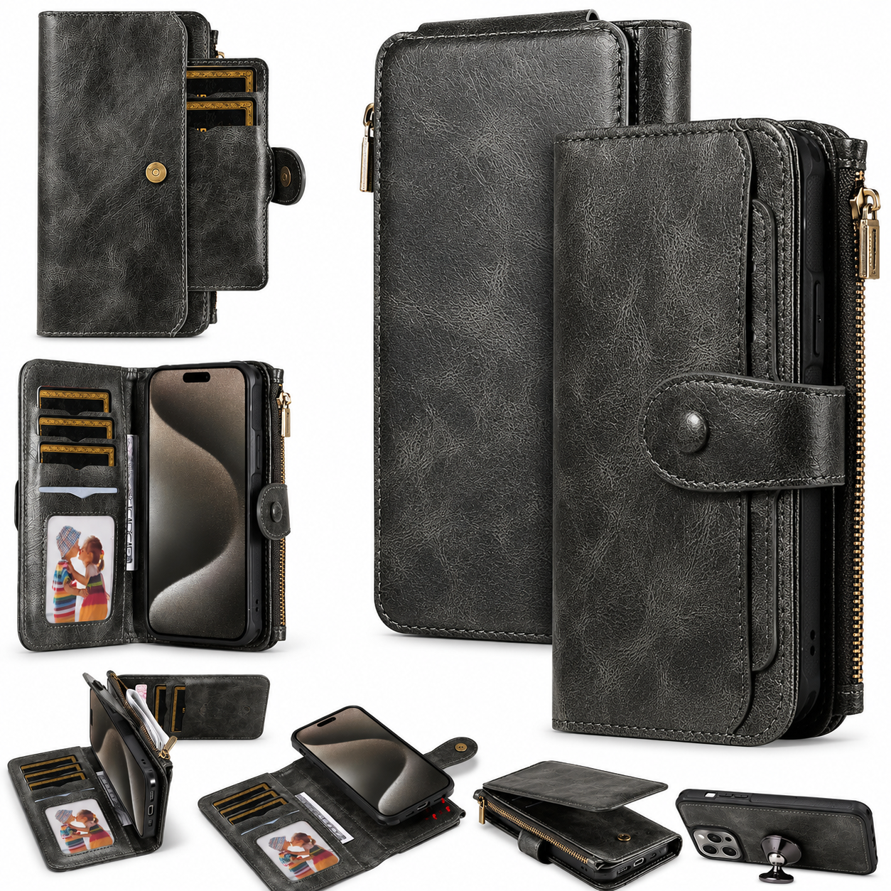Premium iPhone Case Retro PU Leather Wallet Cover with Card Slots, Zipper Storage, Shockproof Protection, Secure Grip and Convenient Everyday Carry