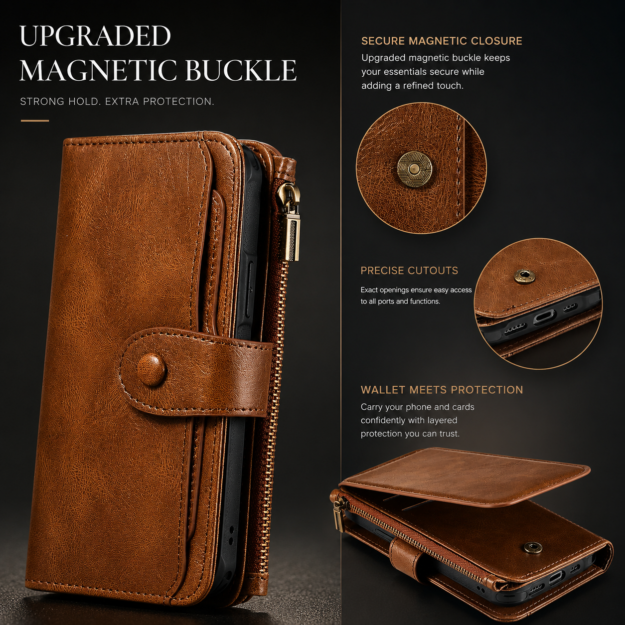 Premium iPhone Case Retro PU Leather Wallet Cover with Card Slots, Zipper Storage, Shockproof Protection, Secure Grip and Convenient Everyday Carry