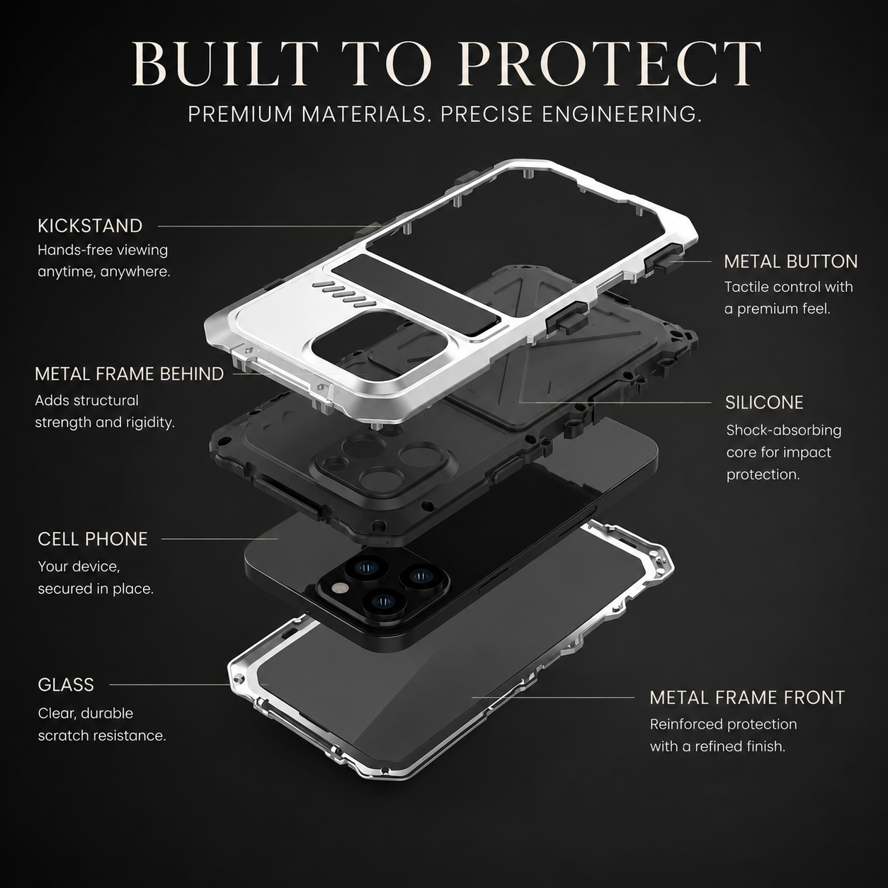 Premium iPhone Case Rugged Aluminum Military Grade Bumper Cover Shockproof Silicone Back Screen Protector Water Resistant Non Slip Heavy Duty Design