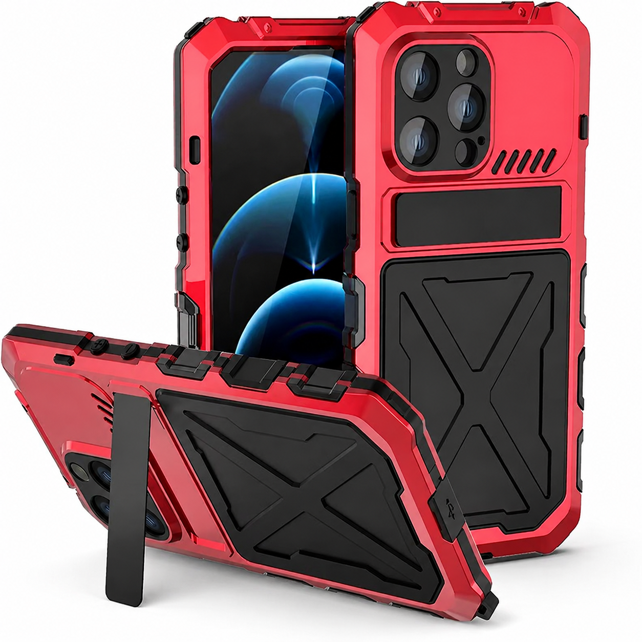 Premium iPhone Case Rugged Aluminum Military Grade Bumper Cover Shockproof Silicone Back Screen Protector Water Resistant Non Slip Heavy Duty Design