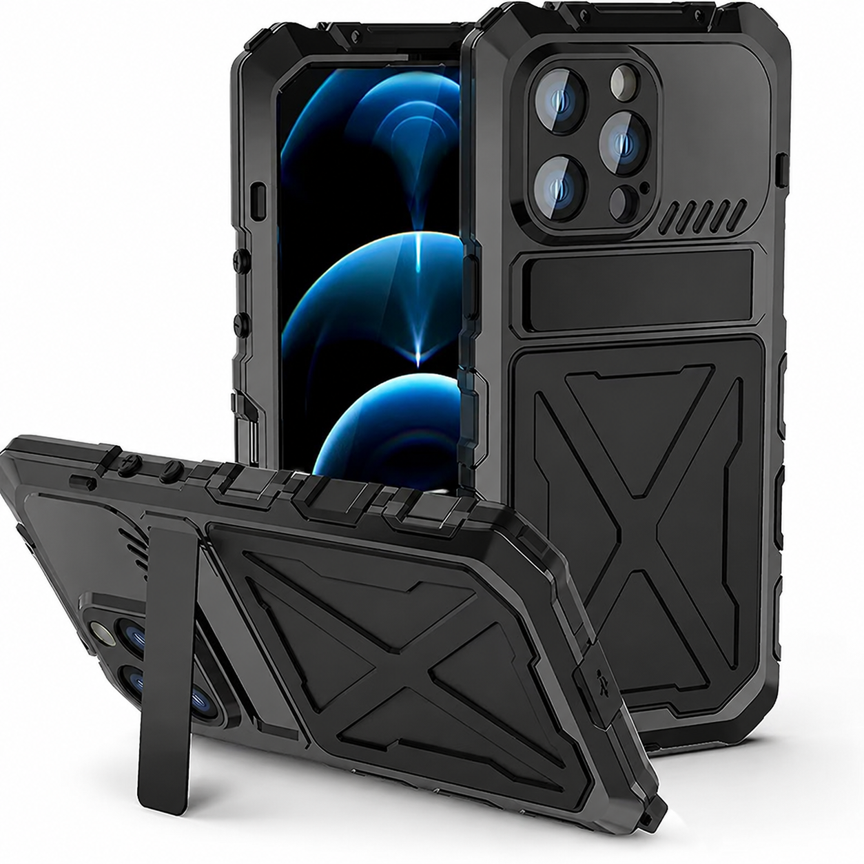 Premium iPhone Case Rugged Aluminum Military Grade Bumper Cover Shockproof Silicone Back Screen Protector Water Resistant Non Slip Heavy Duty Design