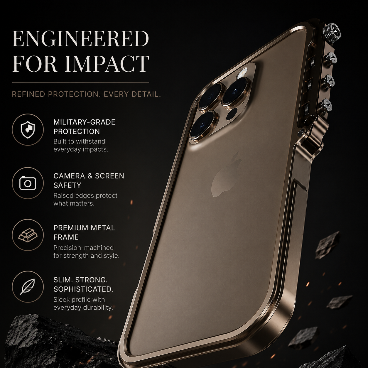Premium iPhone Case Rugged Cyberpunk Aluminum Alloy Mechanical Bumper Shockproof Metal Frame Heavy Duty Drop Protection Non Slip Edge Guard Design