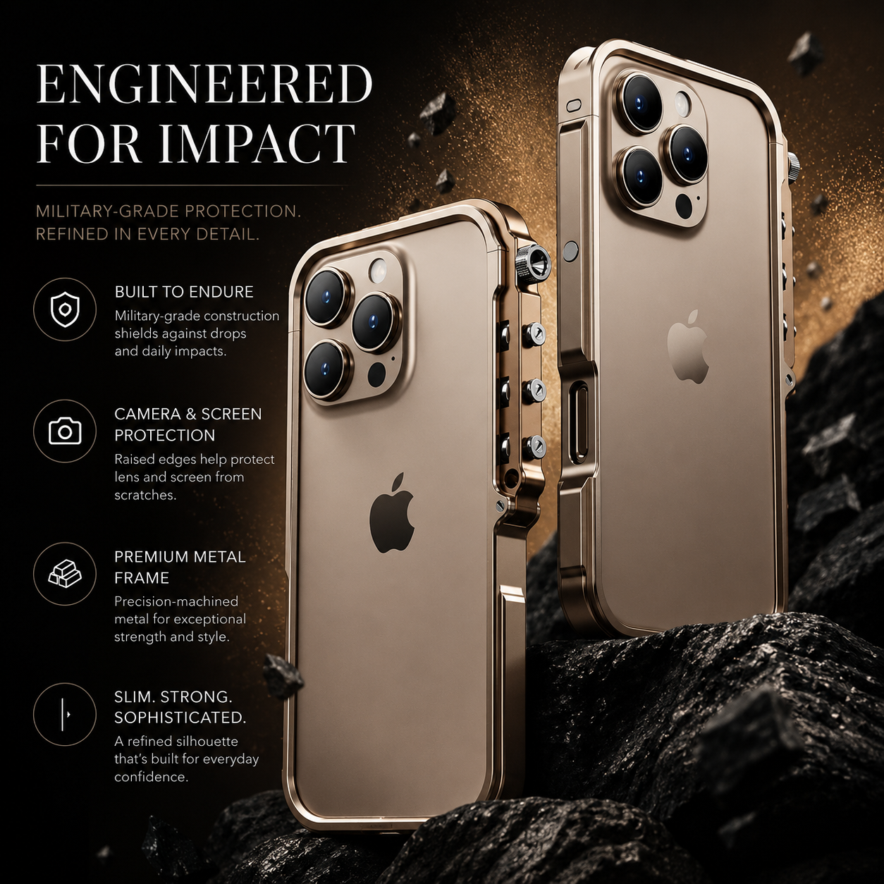 Premium iPhone Case Rugged Cyberpunk Aluminum Alloy Mechanical Bumper Shockproof Metal Frame Heavy Duty Drop Protection Non Slip Edge Guard Design