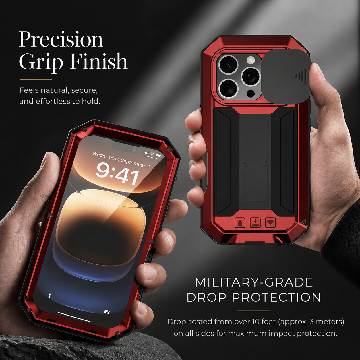 Premium iPhone Case Rugged Heavy Duty Aluminum Metal Full Body Cover Tempered Glass Screen Protector Lens Slider Shockproof Kickstand Water Resistant