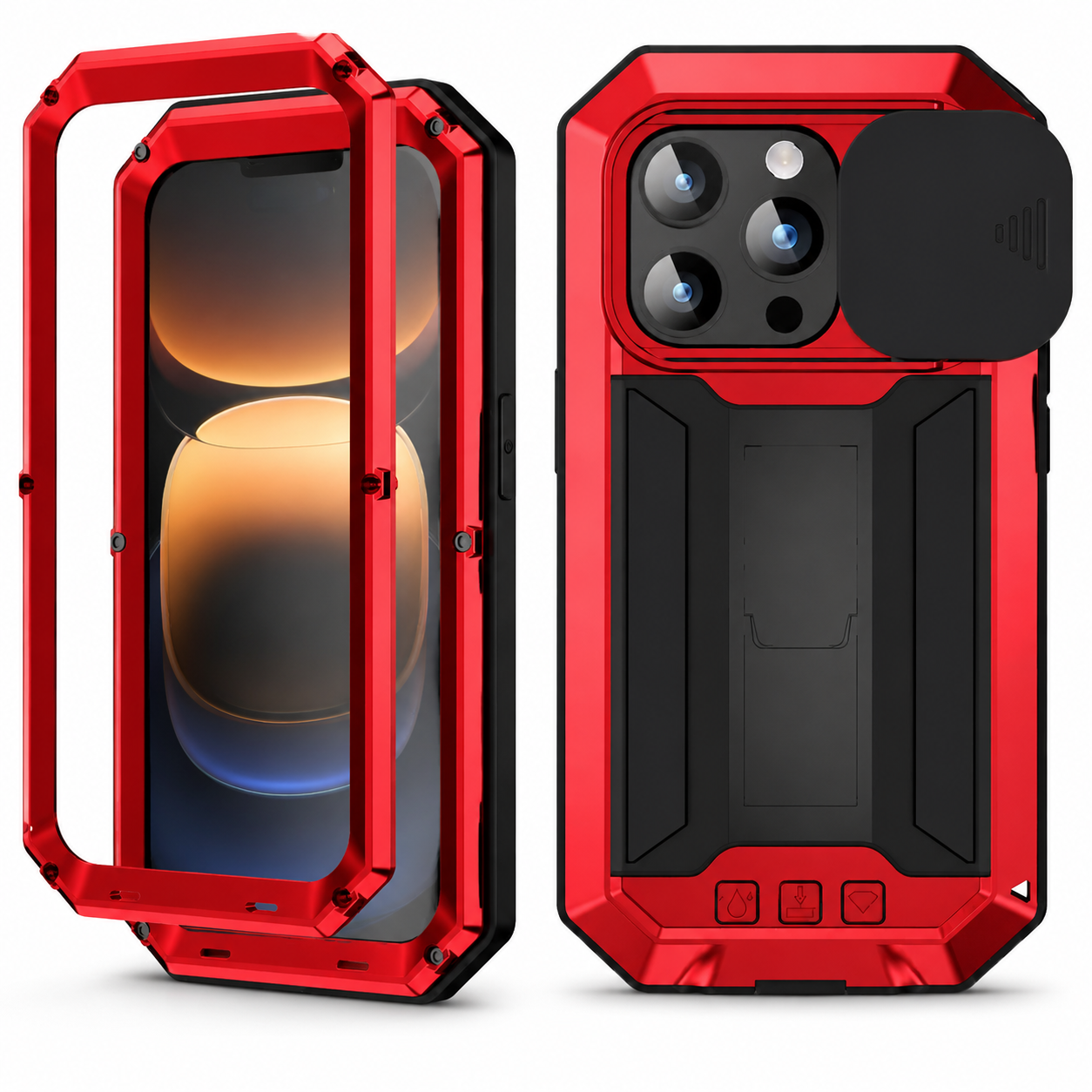 Premium iPhone Case Rugged Heavy Duty Aluminum Metal Full Body Cover Tempered Glass Screen Protector Lens Slider Shockproof Kickstand Water Resistant