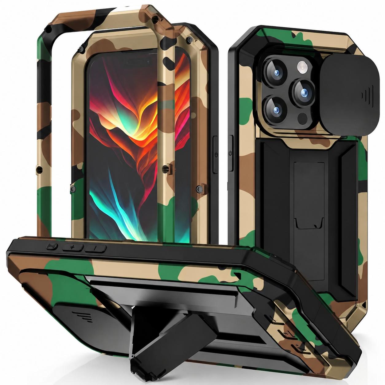 Premium iPhone Case Rugged Heavy Duty Aluminum Metal Full Body Cover Tempered Glass Screen Protector Lens Slider Shockproof Kickstand Water Resistant