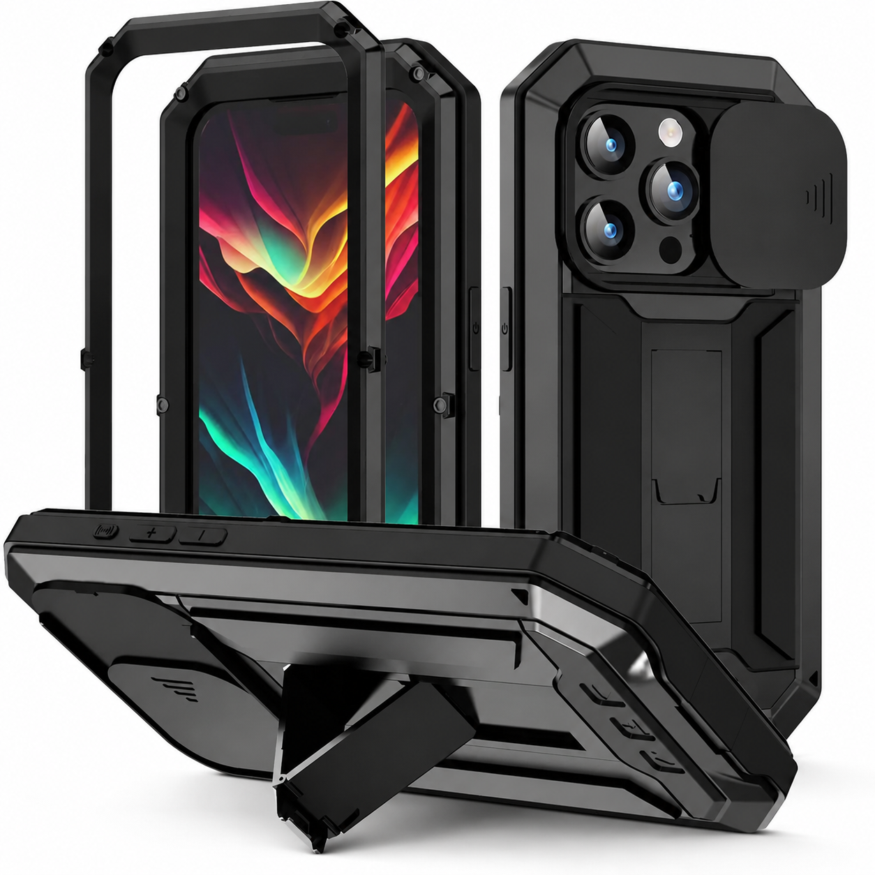 Premium iPhone Case Rugged Heavy Duty Aluminum Metal Full Body Cover Tempered Glass Screen Protector Lens Slider Shockproof Kickstand Water Resistant