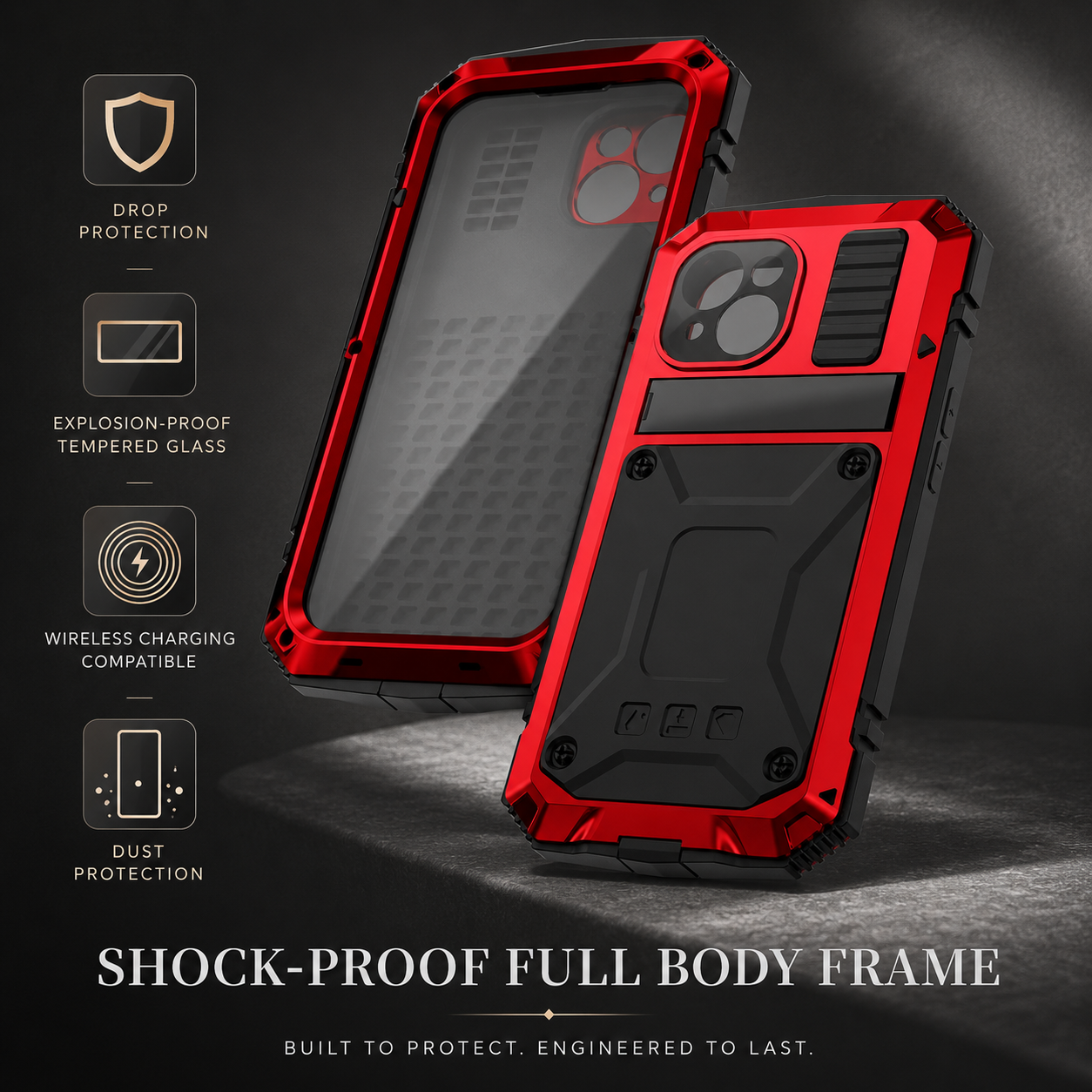 Premium iPhone Case Rugged Military Grade Aluminum Armor Cover 360 Shockproof Tempered Glass Screen Guard Dustproof Kickstand Heavy Duty Protection